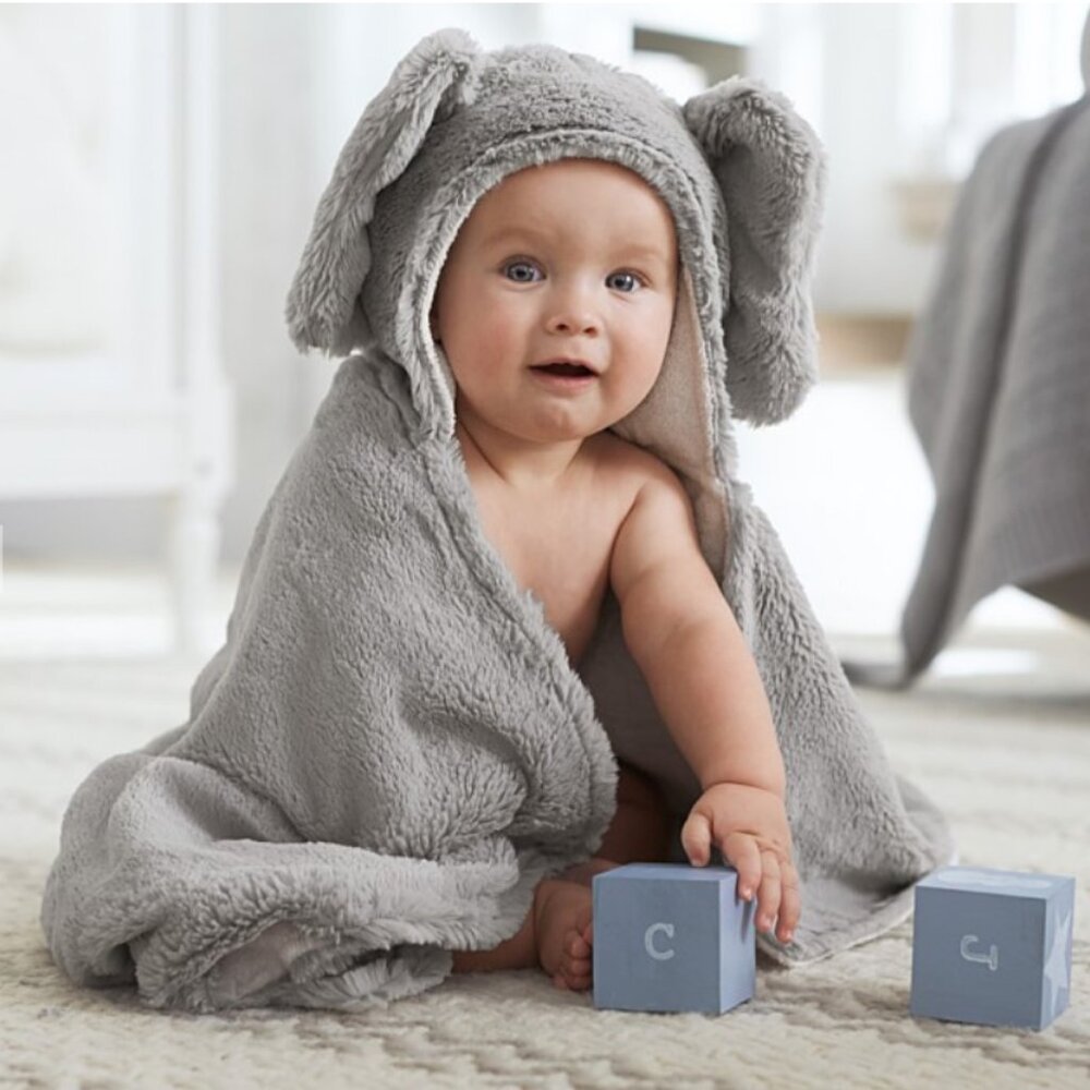 Pottery Barn Kids Faux Fur Elephant Baby Hooded Bath Towel